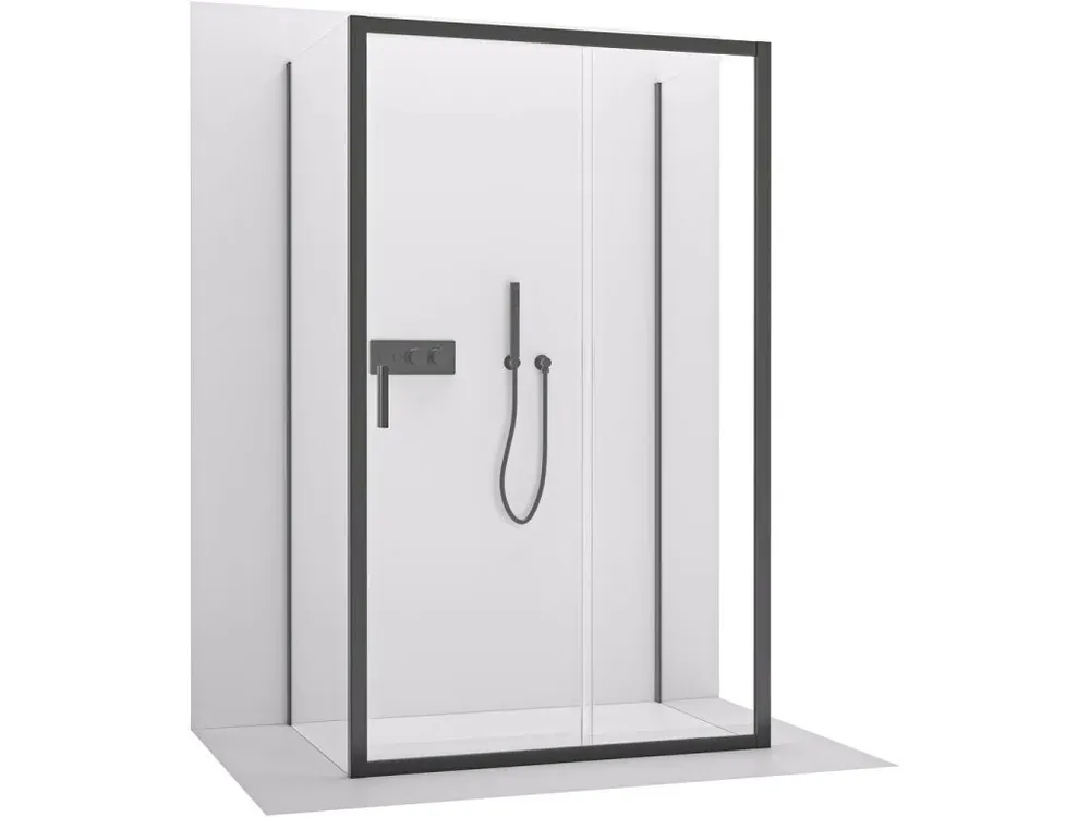 Značkový CERANO - Třístěnný sprchový kout Varone LINE U L/P - 6 mm - černá matná, transparentní sklo - 150x80x195 cm - posuvný