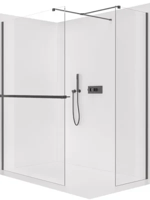 Zlevněný CERANO - Sprchová zástěna Walk-in Onyx T L/P - 10 mm - hranatá vzpěra + polička/držák na ručníky - černá matná, transparentní sklo - 120x90x200 cm