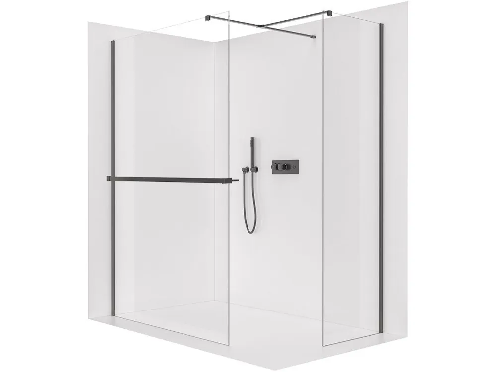 Zlevněný CERANO - Sprchová zástěna Walk-in Onyx T L/P - 10 mm - hranatá vzpěra + polička/držák na ručníky - černá matná, transparentní sklo - 120x90x200 cm