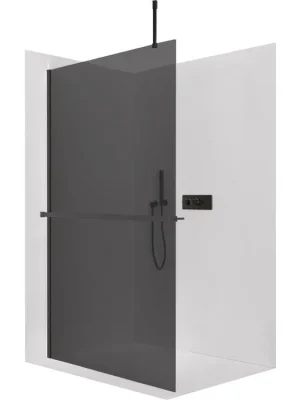 Zlevněný CERANO - Sprchová zástěna Walk-in Onyx Top Cube L/P - 10 mm - hranatá vzpěra + polička/držák na ručníky - černá matná, grafitové sklo - 150x200 cm
