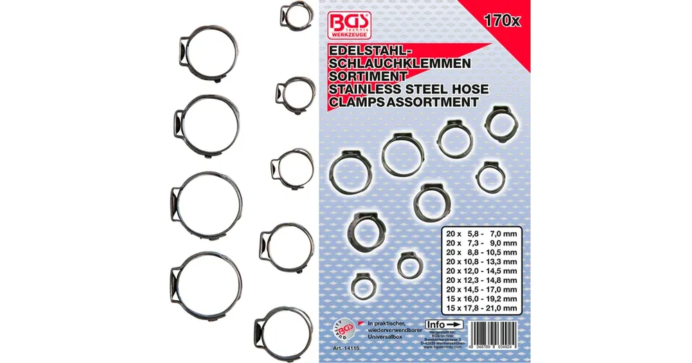 Cenový Hit BGS Sada nerezových hadicových spon, O 5,8 - 21 mm, 170dílná