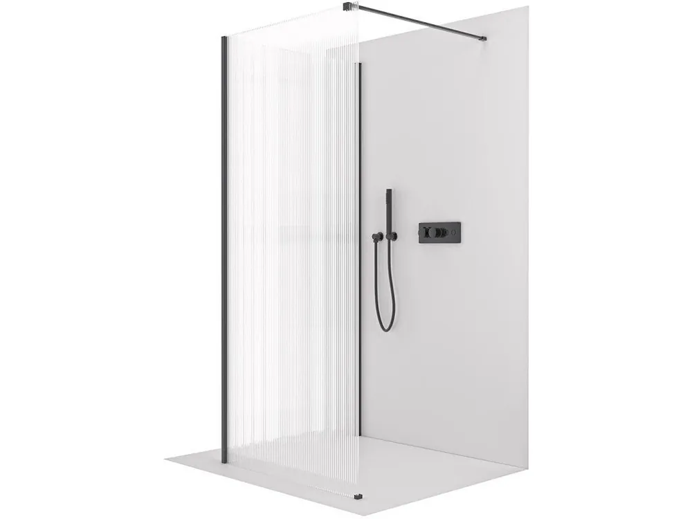 Značkový CERANO - Sprchová zástěna Walk-in Onyx Corner Cube L/P - 8 mm - hranatá vzpěra - černá matná, rýhované sklo - 70x50x200 cm