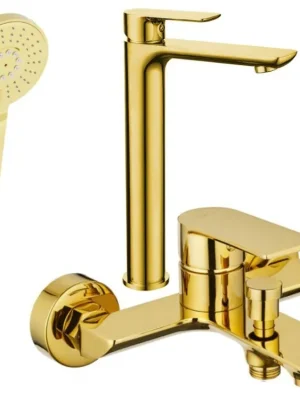 Akční Cena MEXEN/S - Alfa R02 Set umyvadlové a vanové baterie s příslušenstvím, zlato 745713R02-50