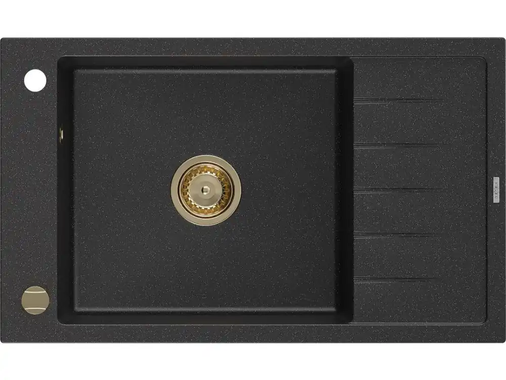 MEXEN/S - Elias granitový dřez 1 s odkapávačem 795 x 480 mm, černá/stříbrný metalik, + zlatý sifon 6511791005-73-G Výhodná Nabídka