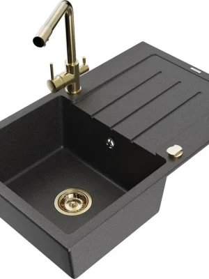 Akční Cena MEXEN/S - Bruno granitový dřez s odkapávačem včetně baterie Duero, černá kropenatá 6513-76-671600-50