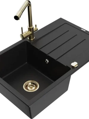 MEXEN/S - Bruno granitový dřez s odkapávačem včetně baterie Duero, černá 6513-77-671600-50 Výprodej