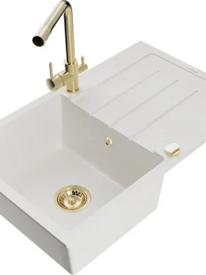 Finální Výprodej MEXEN/S - Bruno granitový dřez s odkapávačem včetně baterie Duero, bílá 6513-20-671600-50