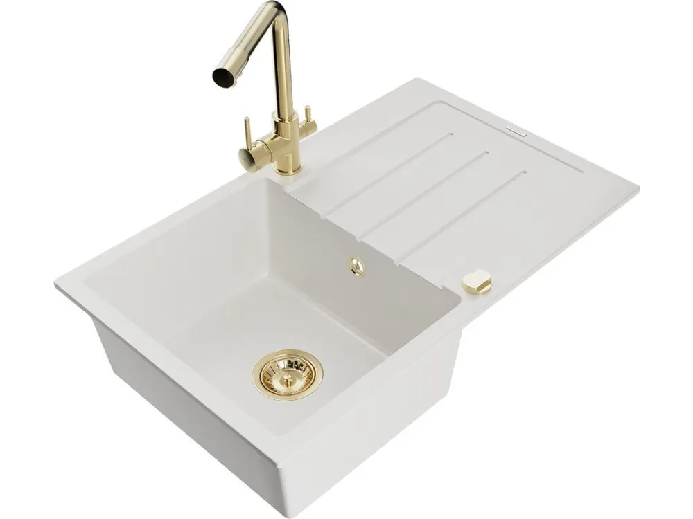 Finální Výprodej MEXEN/S - Bruno granitový dřez s odkapávačem včetně baterie Duero, bílá 6513-20-671600-50