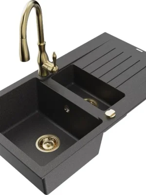 Cenový Hit MEXEN/S - Matias granitový dřez 1.5 z ociekaczem včetně baterie Savita, černá kropenatá 6502-76-672601-50