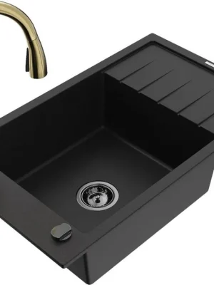 MEXEN/S - Elias Elias granitový dřez 1-miska s odkapávačem včetně baterie Savita, černá 6511-77-672601-50-B Nová Kolekce