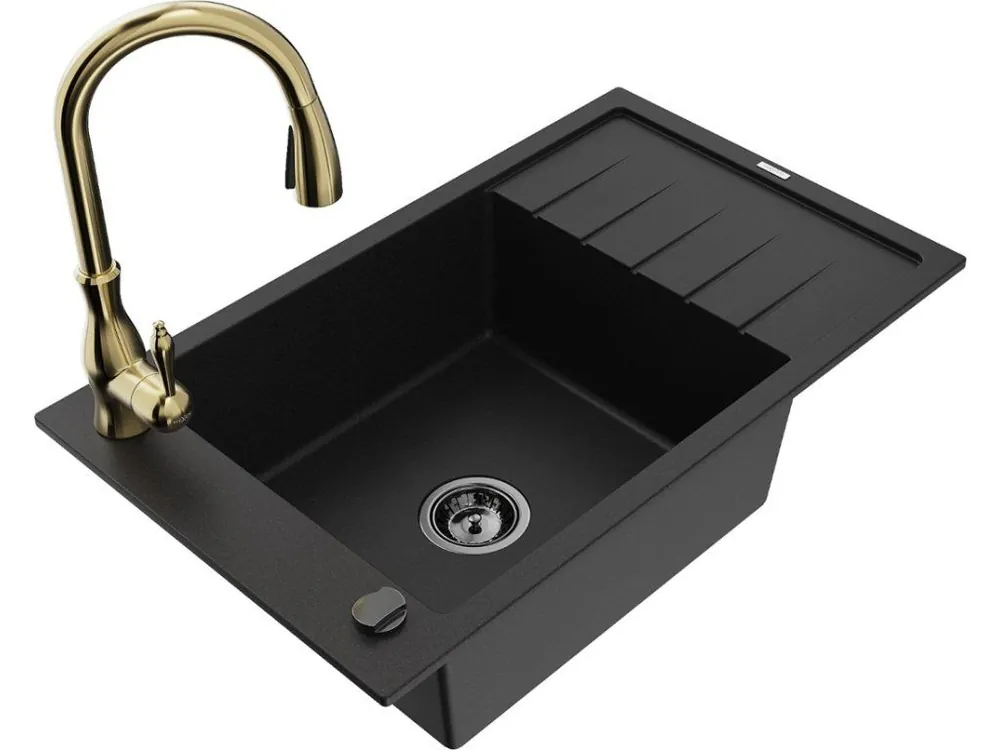 MEXEN/S - Elias Elias granitový dřez 1-miska s odkapávačem včetně baterie Savita, černá 6511-77-672601-50-B Nová Kolekce