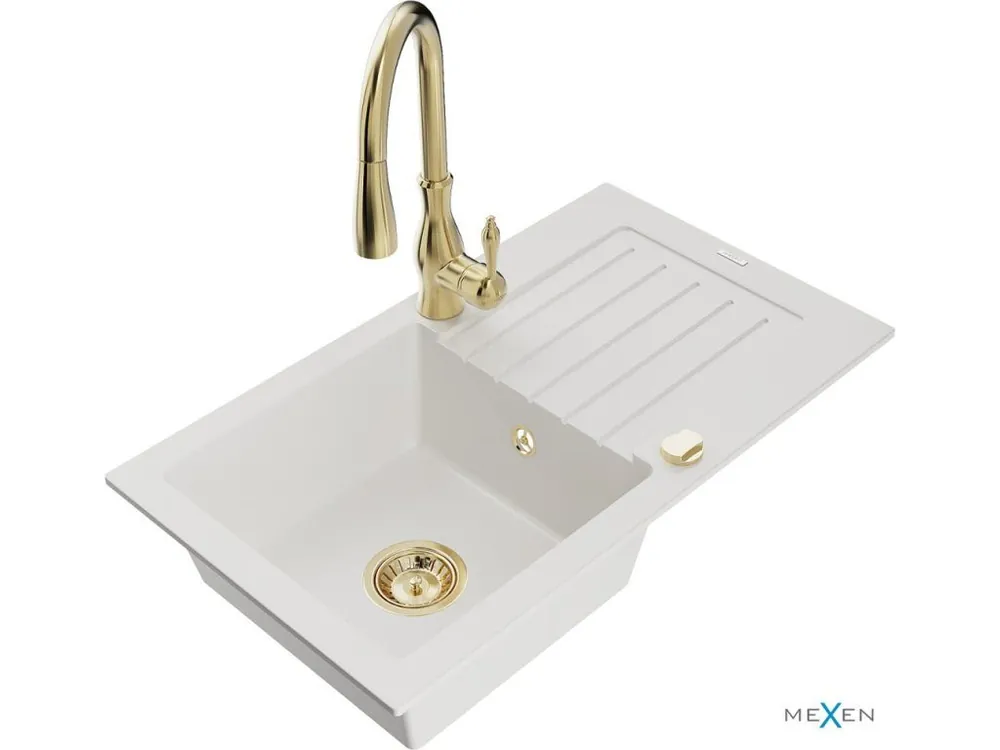 MEXEN/S - Pablo granitový dřez 1 s odkapávačem včetně baterie Savita, bílá 6510-20-672601-50 Autentický