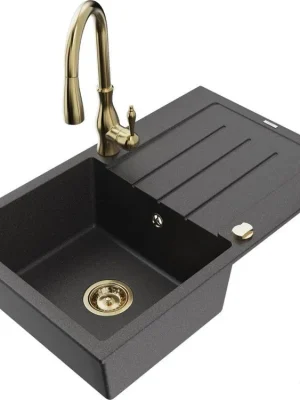 MEXEN/S - Bruno granitový dřez 1 s odkapávačem včetně baterie Savita, černá kropenatá 6513-76-672601-50 Vysoce Kvalitní