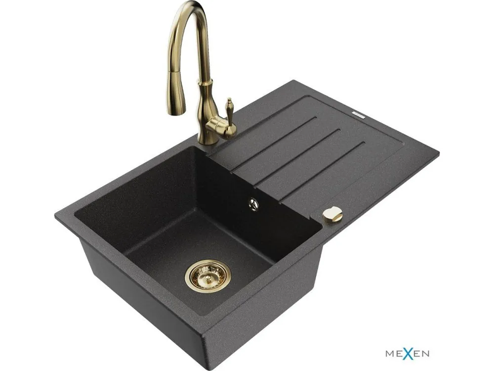 MEXEN/S - Bruno granitový dřez 1 s odkapávačem včetně baterie Savita, černá kropenatá 6513-76-672601-50 Vysoce Kvalitní