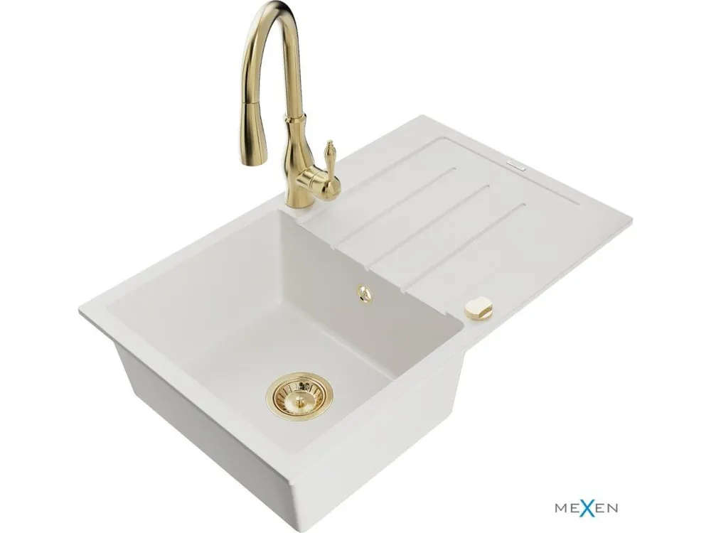 MEXEN/S - Bruno granitový dřez 1 s odkapávačem včetně baterie Savita, bílá 6513-20-672601-50 Rychlé Dodání