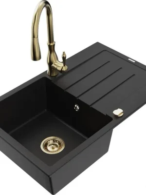 Vysoce Kvalitní MEXEN/S - Bruno granitový dřez 1 s odkapávačem včetně baterie Savita, černá 6513-77-672601-50