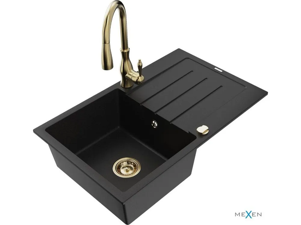 Vysoce Kvalitní MEXEN/S - Bruno granitový dřez 1 s odkapávačem včetně baterie Savita, černá 6513-77-672601-50