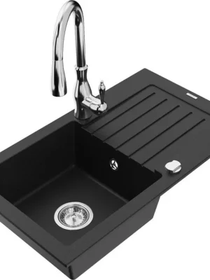 Poslední Šance MEXEN/S - Pablo granitový dřez 1 s odkapávačem včetně baterie Savita, černá 6510-77-672601-00