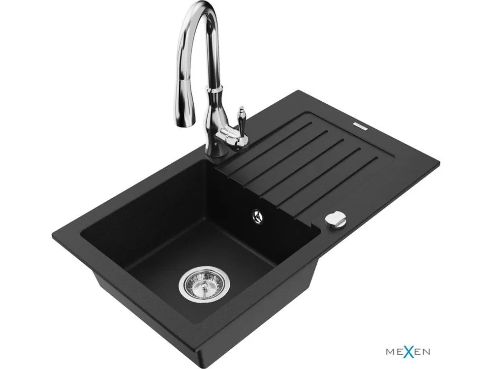 Poslední Šance MEXEN/S - Pablo granitový dřez 1 s odkapávačem včetně baterie Savita, černá 6510-77-672601-00