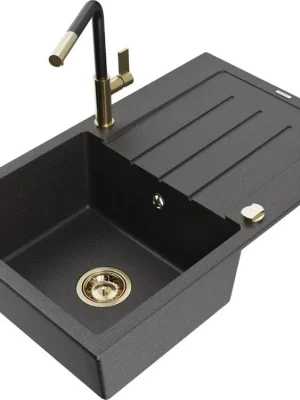 Akční Cena MEXEN/S - Bruno granitový dřez 1 s odkapávačem včetně baterie Flora, černá kropenatá 6513-76-670401-57-G