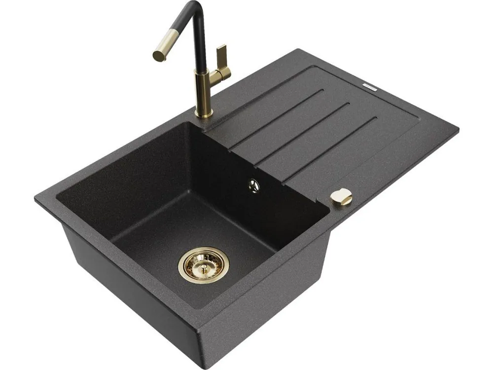 Akční Cena MEXEN/S - Bruno granitový dřez 1 s odkapávačem včetně baterie Flora, černá kropenatá 6513-76-670401-57-G