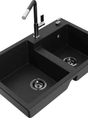 Zlevněný MEXEN/S - Tomas granitový dřez 2-bowl včetně baterie Flora, černá 6516-77-670401-07-B