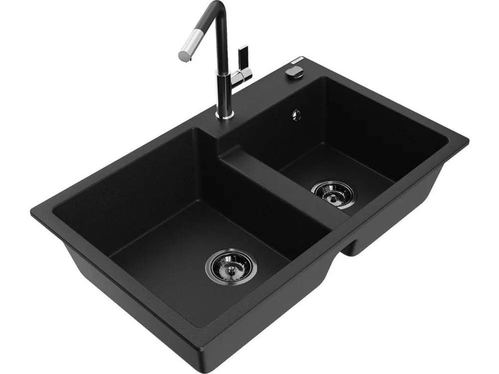 Zlevněný MEXEN/S - Tomas granitový dřez 2-bowl včetně baterie Flora, černá 6516-77-670401-07-B