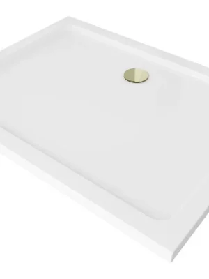 Cenová Bomba MEXEN/S - Flat sprchová vanička obdélníková slim 140 x 100, bílá + zlatý sifon 40101014G