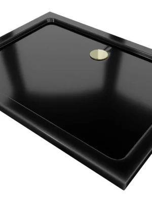Zlevněný MEXEN/S - Flat sprchová vanička obdélníková slim 90 x 80, černá + zlatý sifon 40708090G