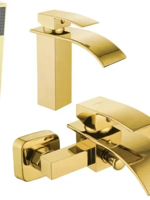 Značkový MEXEN/S - Aries R77 Set umyvadlové a vanové baterie s příslušenstvím, zlato 744803R77-50