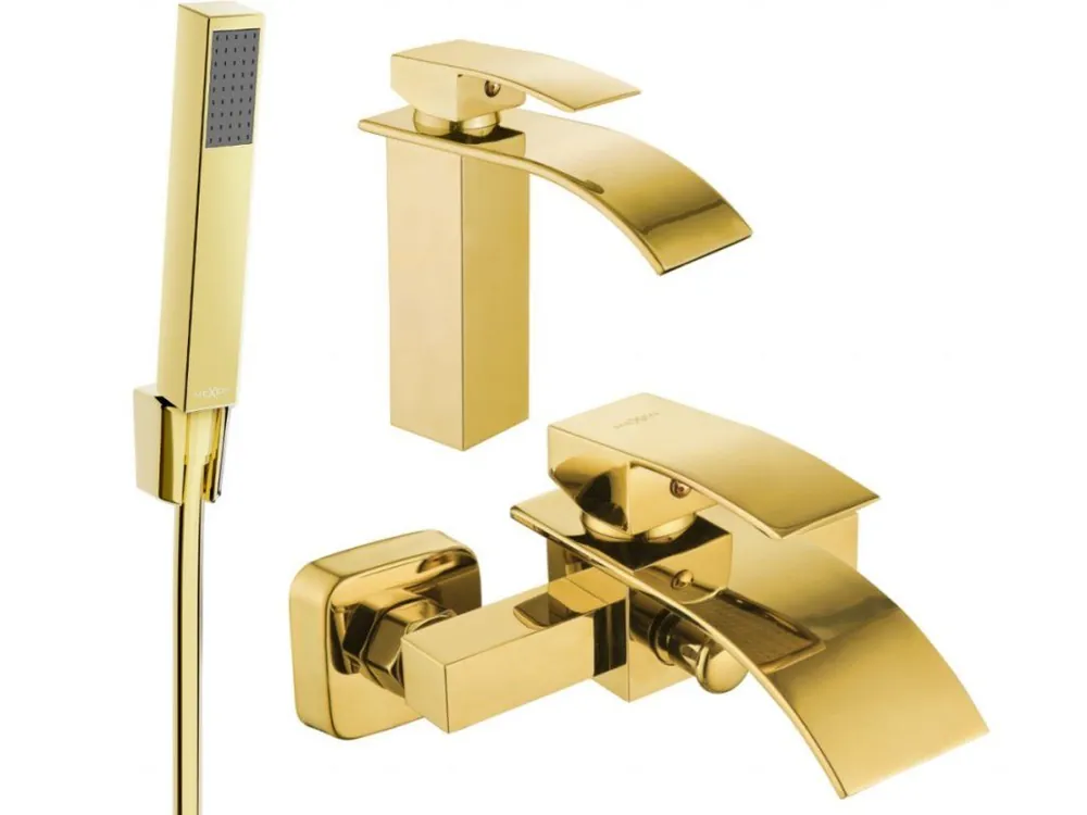 Značkový MEXEN/S - Aries R77 Set umyvadlové a vanové baterie s příslušenstvím, zlato 744803R77-50