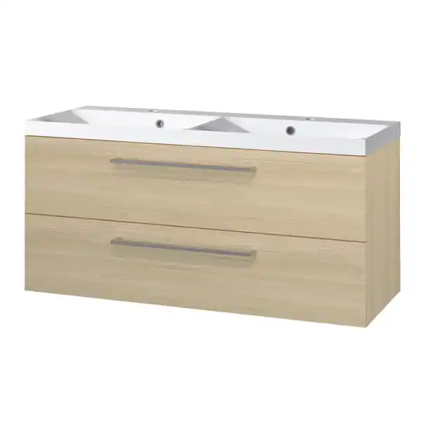 Autentický Mereo Bino koupelnová skříňka s dvojumyvadlem z litého mramoru 121cm, dub Sand Barbera - CN633M