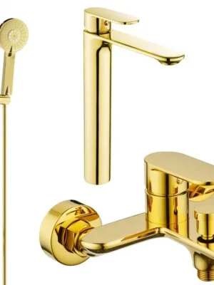 Akce MEXEN/S - Milo DF40 Set umyvadlové a vanové baterie s příslušenstvím, zlato 71313DF40-50